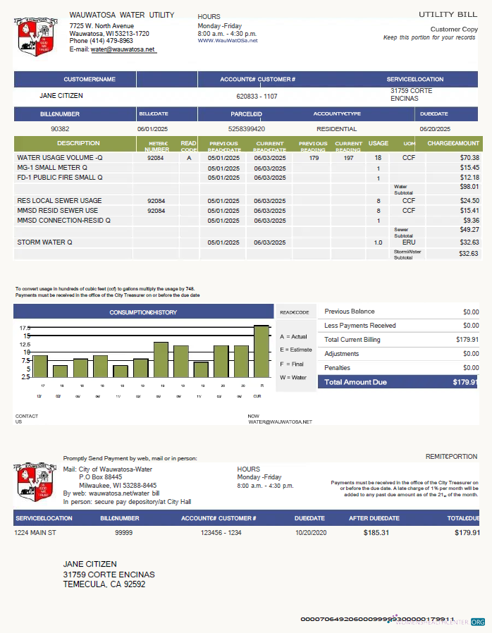 download download USA Wauwatosa Water utility bill template in Word and PDF formats PDF template PDF template